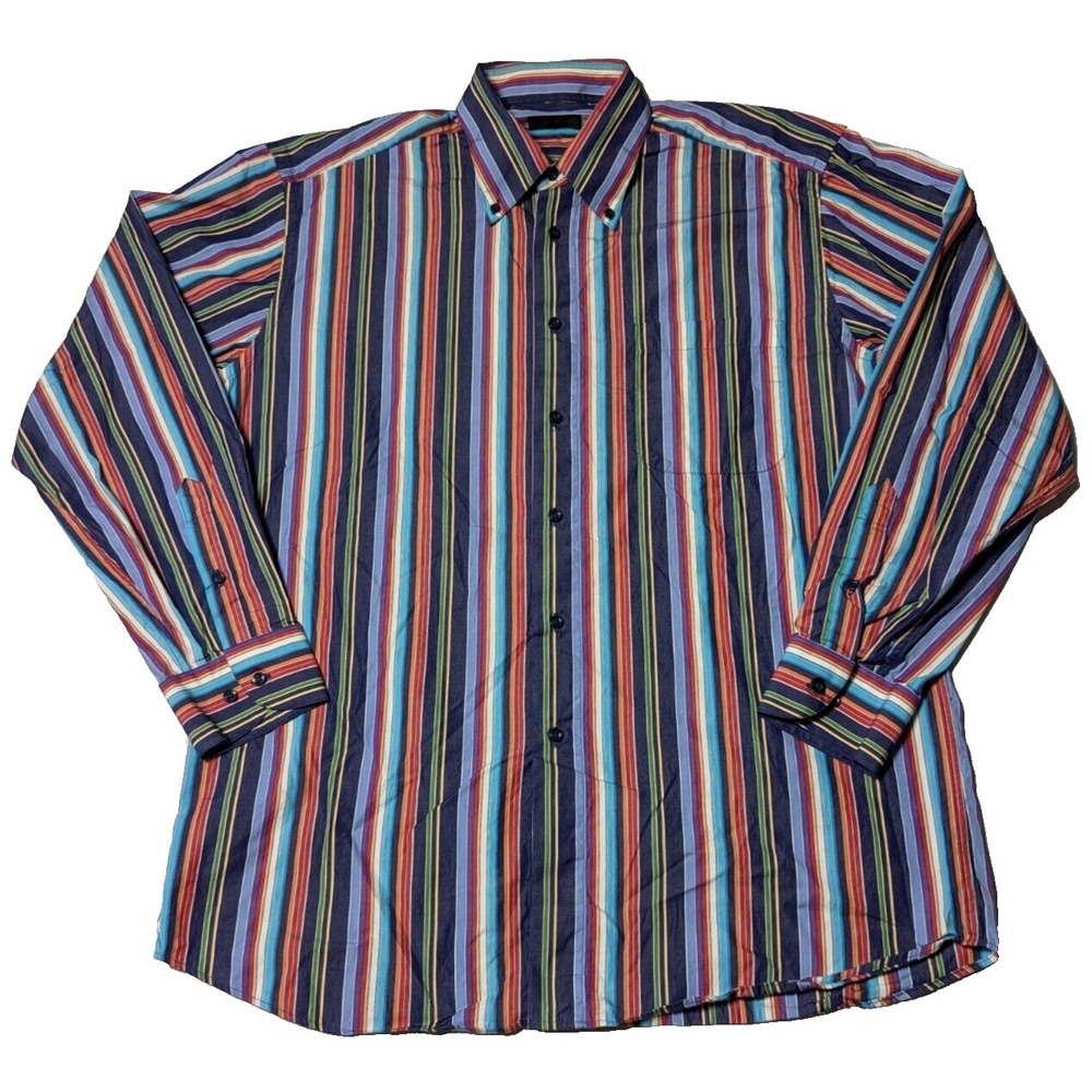ST. CROIX Men Large Blue Multi Striped Cotton Button-Up Shirt Made In Italy